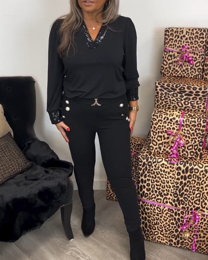 V-neck Solid Color Commuting Top