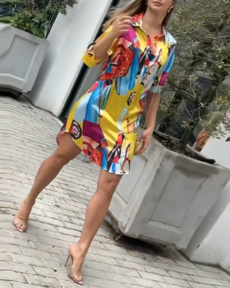Lapel colorful printed casual dress