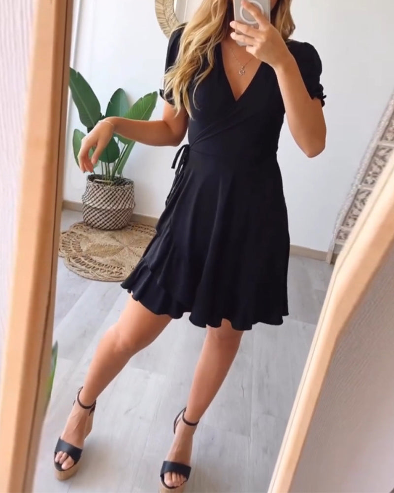 V-neck ruffle solid color strappy dress