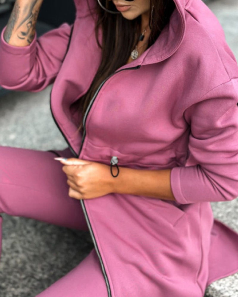 Solid color coat and trousers two-piece set