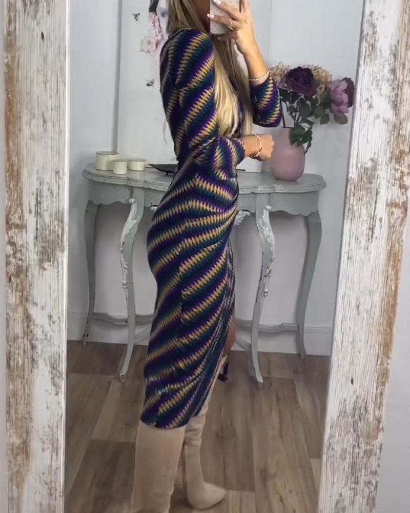 Fashionable Striped High Neck Dress