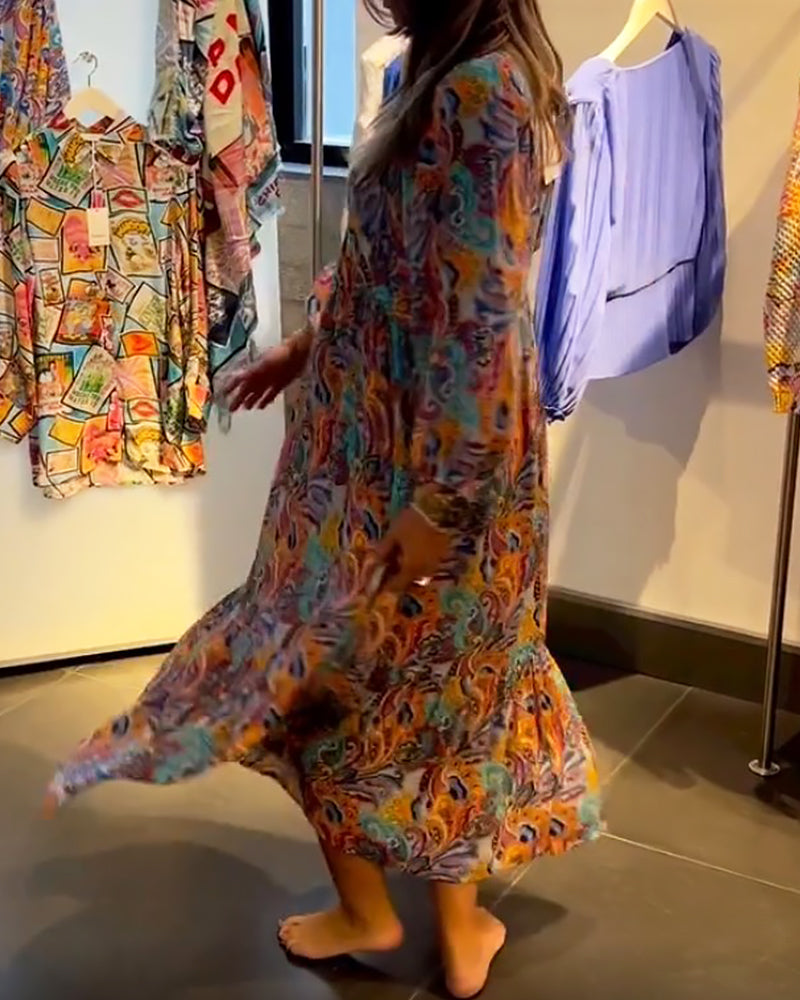 Print  V neck A-Line Maxi Dress