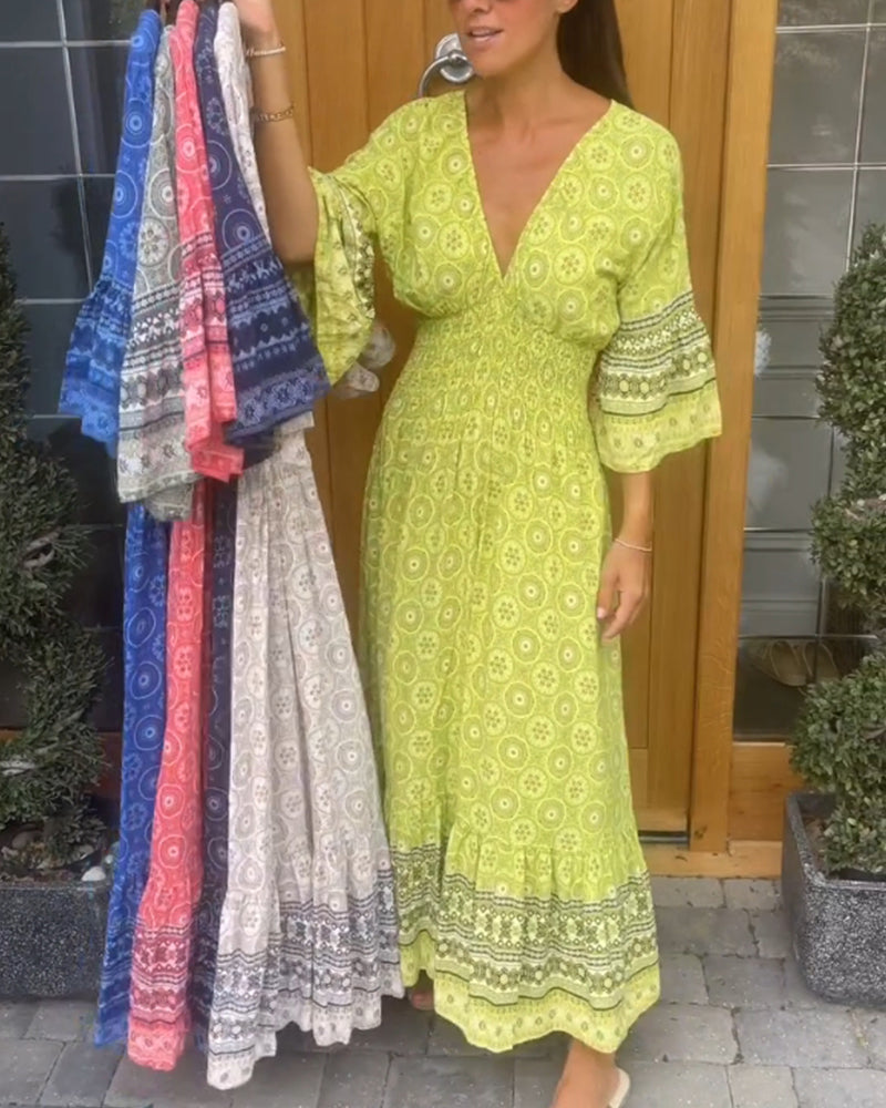 Deep V Flare Sleeve Long Dress