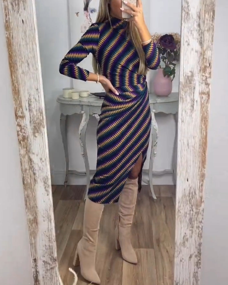 Fashionable Striped High Neck Dress
