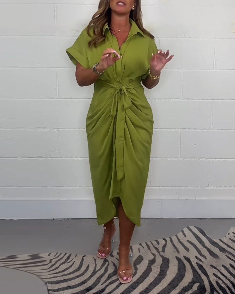 Elegant Pleated Shirt Neck Dress