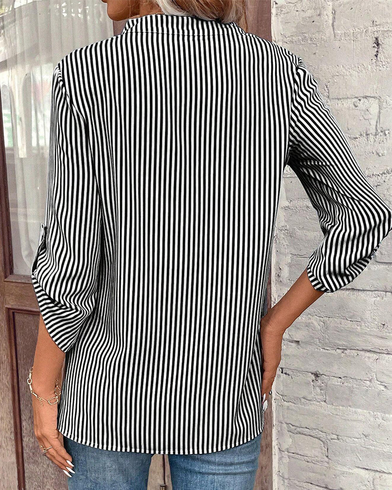 V-neck striped print casual blouse