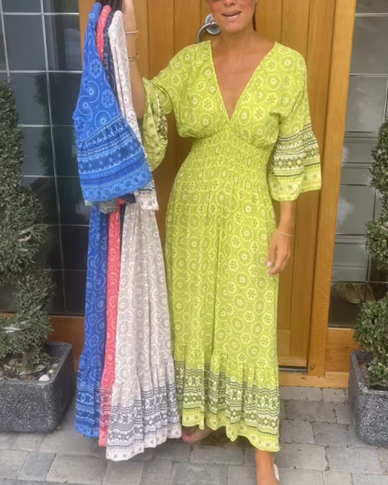 Deep V Flare Sleeve Long Dress