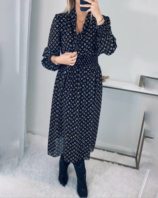 Printed long-sleeved waist dress