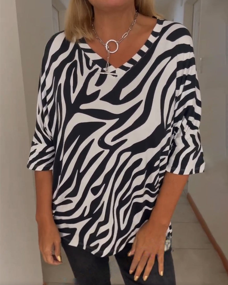 V-neck zebra print casual top