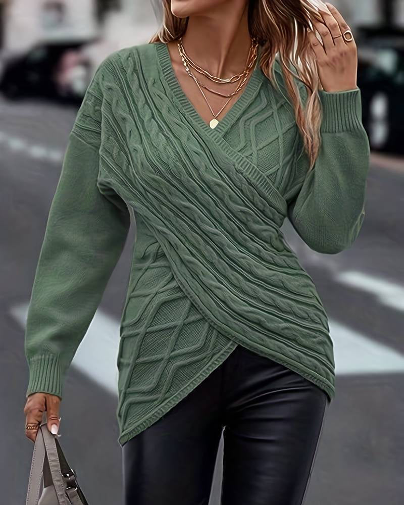 V-Neck Solid Color Long-Sleeved Pullovers