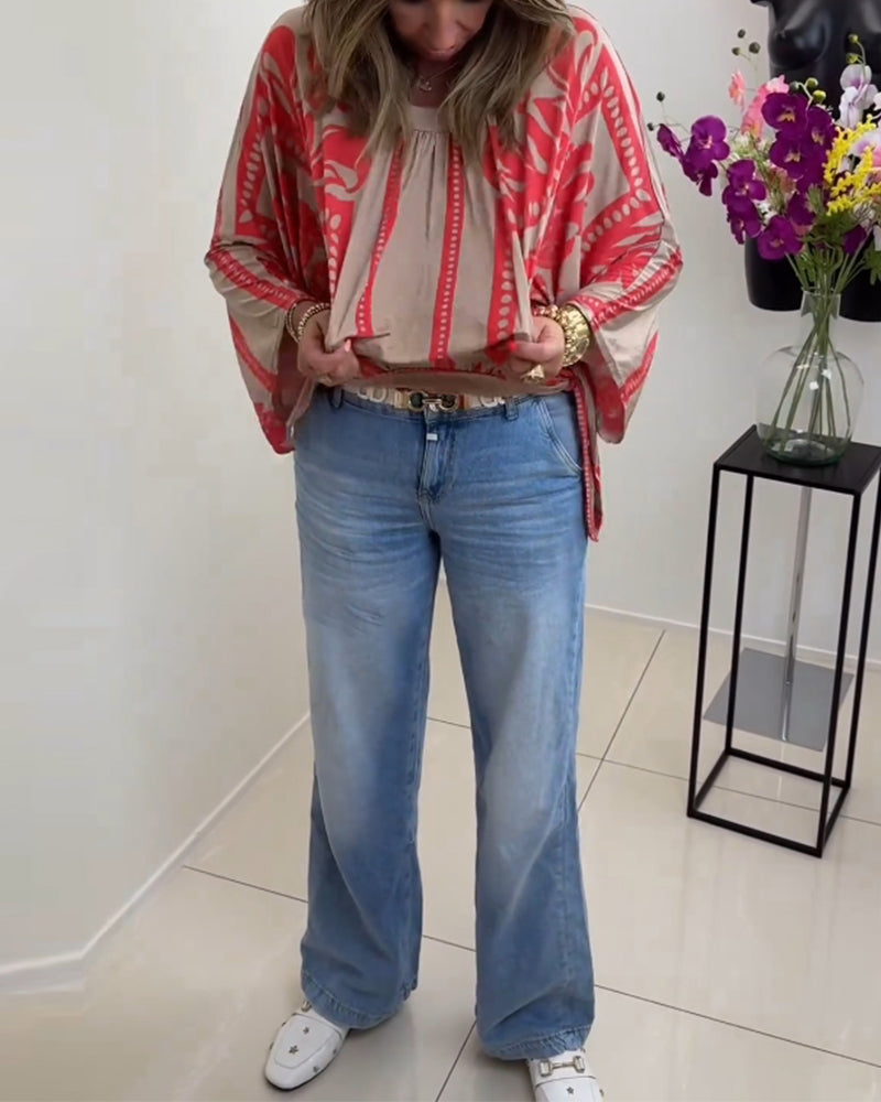 Printed crew neck long sleeve casual top