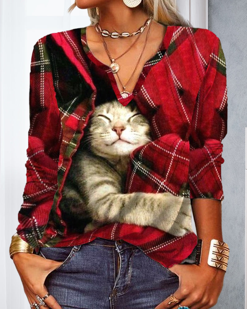 Cat patchwork long-sleeved top