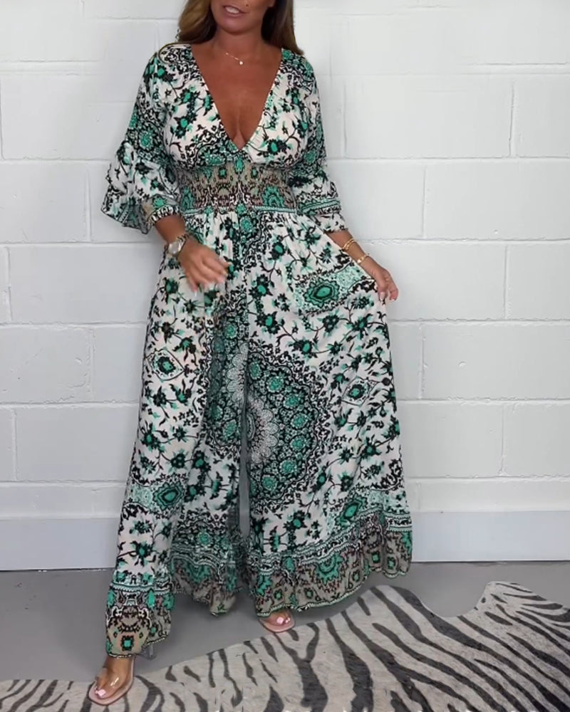 Printed deep V-neck jumpsuit