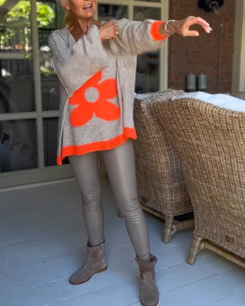 Floral pattern v-neck sweater