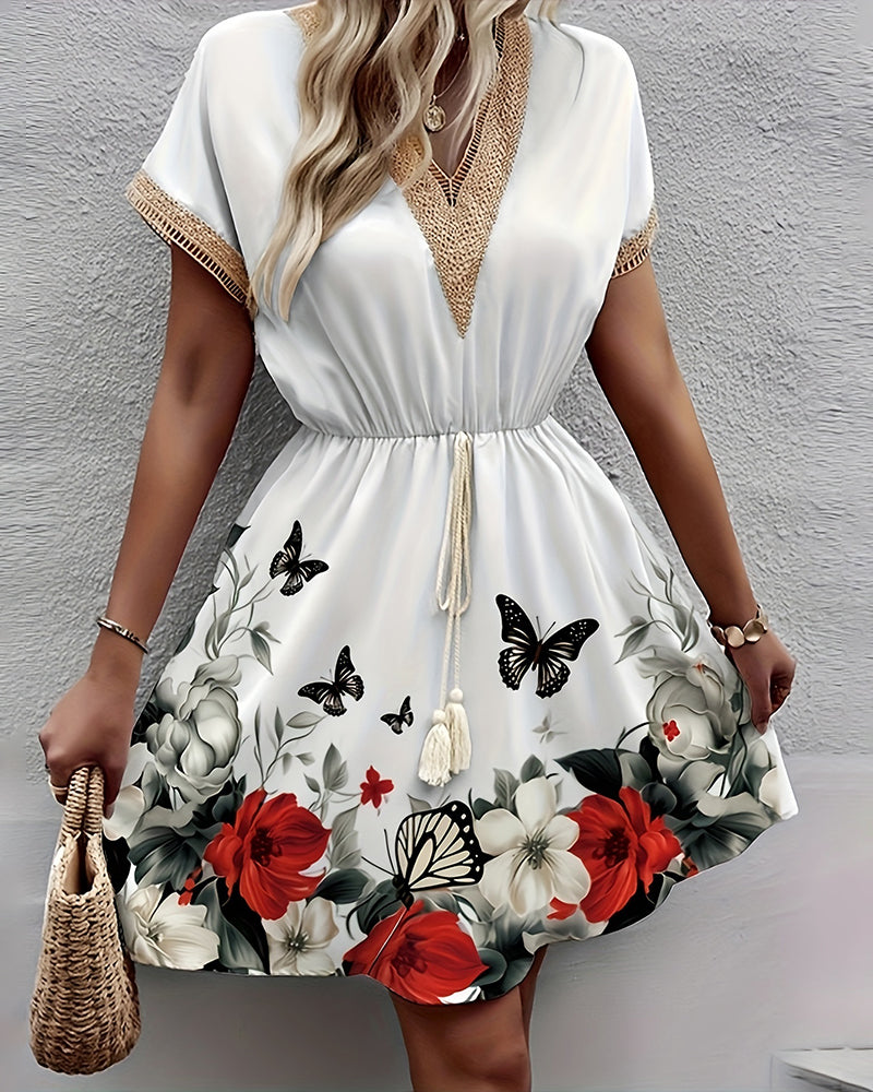 Butterfly print lace v-neck dress