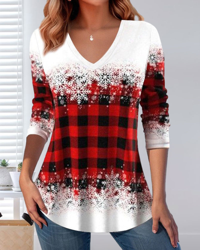 Christmas plaid print v-neck top