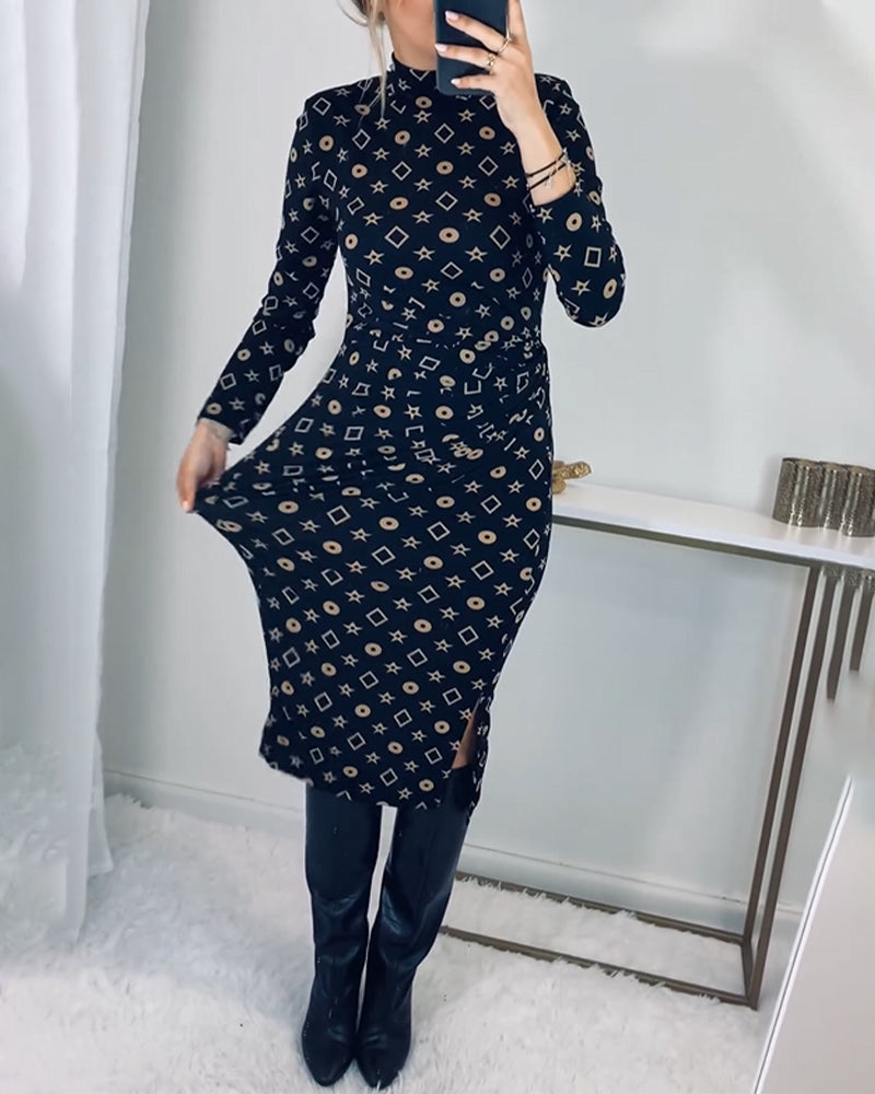 Elegant high neck geometric print dress