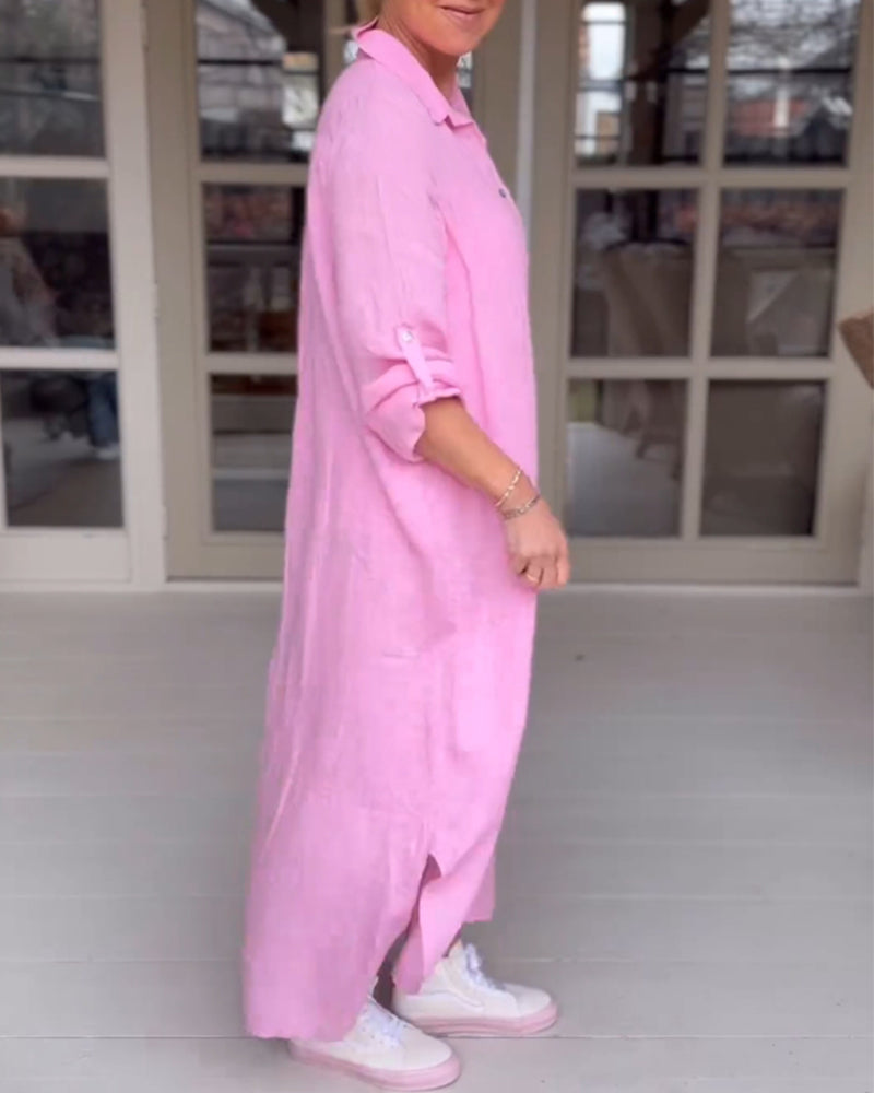 Solid color button lapel casual dress