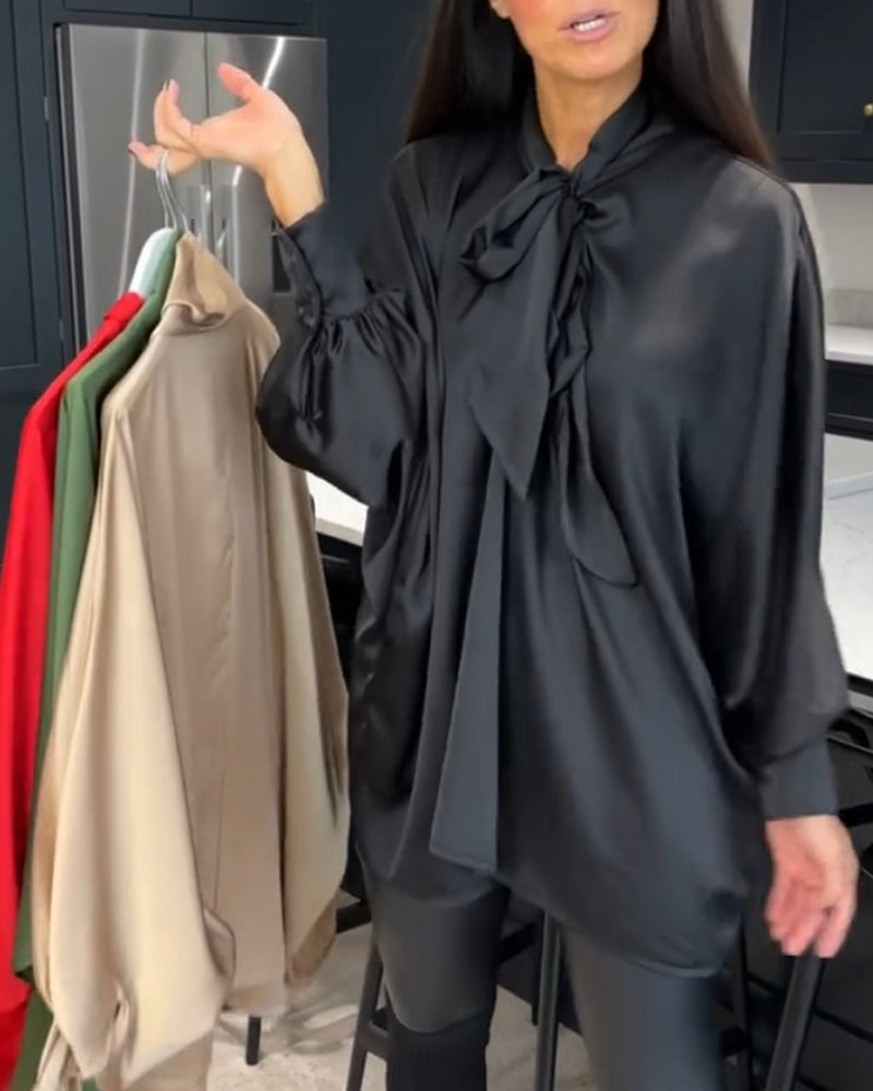 Ribbon collar solid color and elegant blouse