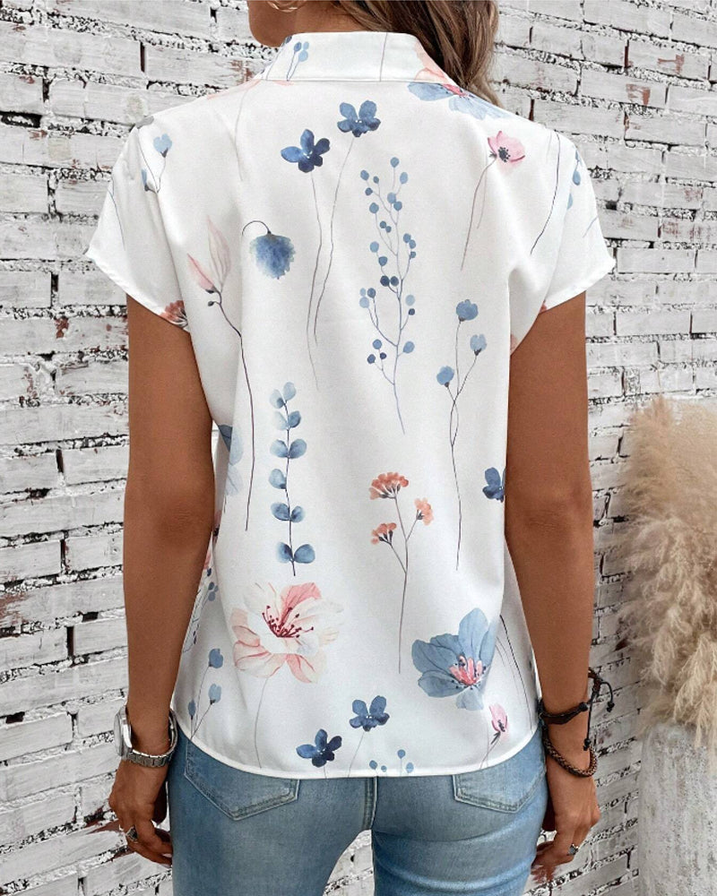 Floral print stand collar short sleeve top