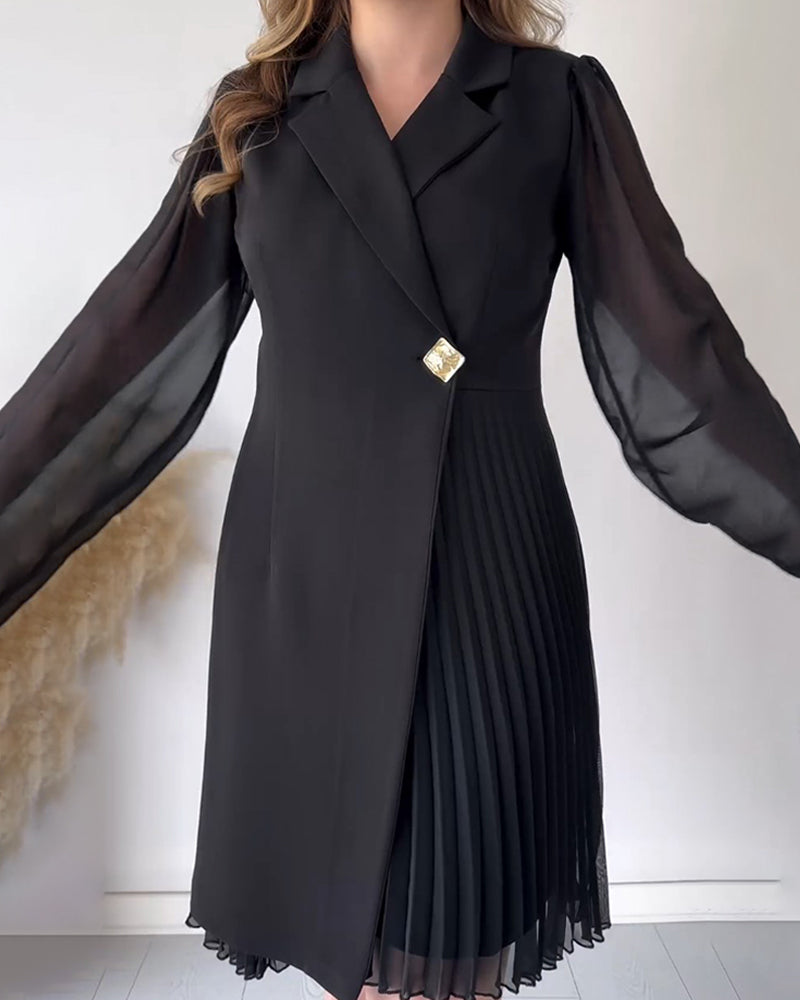 Pleated lapel long-sleeved dress