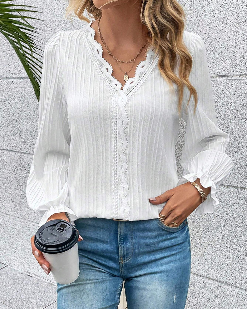 Lace V-neck patchwork blouse