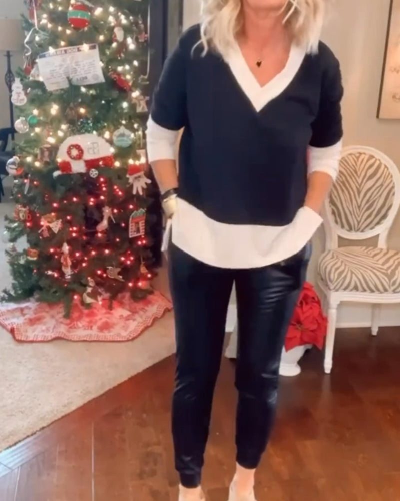 Color block v-neck casual top