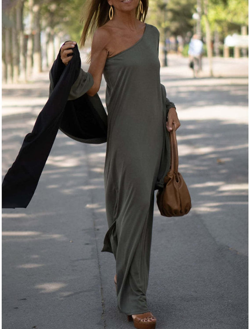 One shoulder sleeve solid color dress